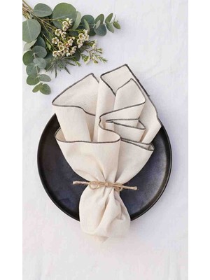 MiniStand Servis Peçetesi Doğal Ham Kumaş Dekoratif Siyah Overlok Detaylı 45X45 cm 6'lı Set