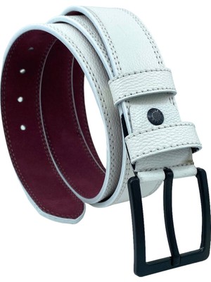 Beyaz Suni Deri Çift Dikişli Damar Desenli Model 4 Cm.lik Spor Kemer // XD-9016-11-ST