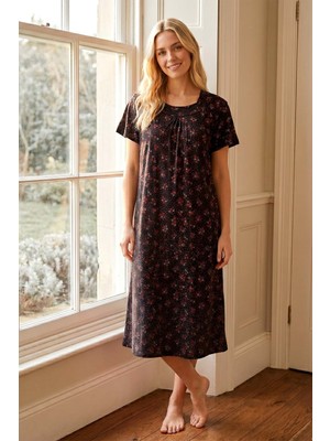 Remsa Kadın Puantiye Desen Kısa Kol Viskon Elbise Pijama 25238-3 SIYAH01
