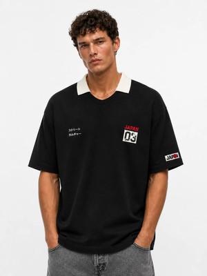 Respire Erkek Yaka Detaylı Oversize T-Shirt Siyah