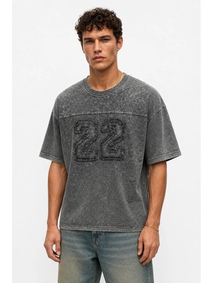 Respire Erkek 22 Nakışlı Yıkamalı Oversize T-Shirt Siyah