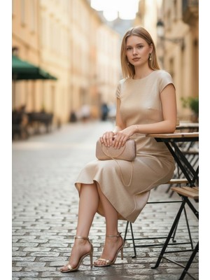 Dilorans Dilora Collection Şampanya / Roze Gold Işıltılı Abiye Çanta – Simli Çizgili Zincir Askılı Gece Çantası