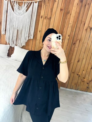 By Gamze Arman Tesettür Boneli Siyah Renk Kısa Kol Geniş Kalıp Pamuk Kumaş Hamile Lohusa Pijama Takımı