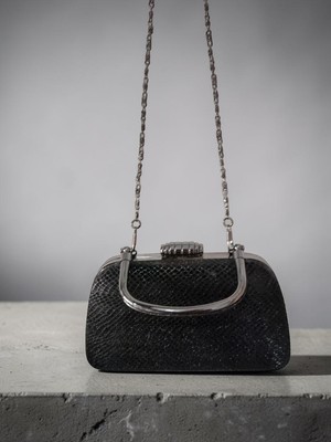 Dilorans Dilora Collection Siyah Desenli Işıltılı Abiye Çanta – Zincir Askılı Clutch Düğün Nişan Gece Davet Çantası