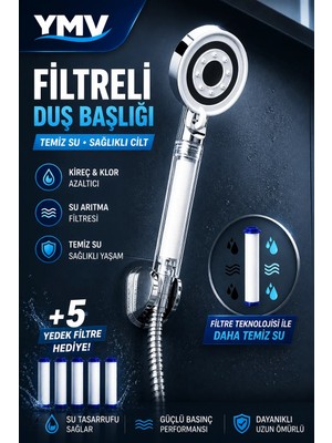 YMV Filtreli Kireç Arındırıcı Duş Banyo Başlığı 5 Adet Yedek Filtreli Yüksek Basınçlı Su Tasarruflu Duş Başlığı