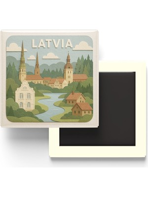İberk Letonya - Latvia - Paper Cut Art - Baskılı Buzdolap Magneti Kare - 9x9 cm