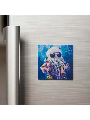İberk Jellyfish - Denizanası - Güneş Gözlüklü Style - Buzdolap Magneti - 9x9 cm