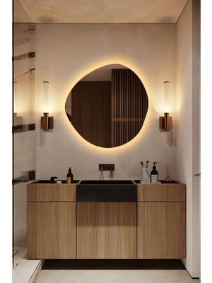 Faw Decor LED Işıklı Asimetrik Model Dekoratif Duvar Aynası, Modern Ayna Banyo Dekoru, LED Dresuar Aynası
