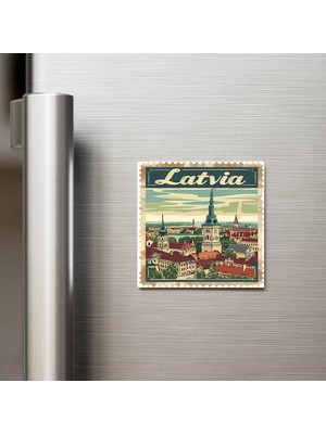 İberk Letonya Latvia - Posta Pulu Temalı Ülke - Baskılı Buzdolap Magneti Kare - 9x9 cm