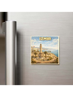 İberk Izmir Şehri - Pop-Art Travel - 9x9 cm Buzdolap Magneti