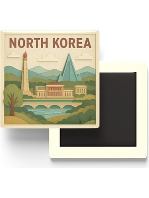 İberk Kuzey Kore - North Korea - Paper Cut Art - Baskılı Buzdolap Magneti Kare - 9x9 cm