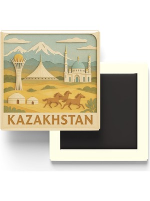 İberk Kazakistan - Kazakhstan - Paper Cut Art - Baskılı Buzdolap Magneti Kare - 9x9 cm