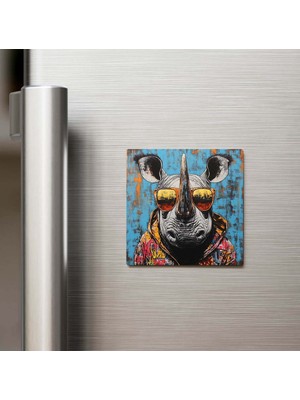 İberk Rhino - Gergedan - Güneş Gözlüklü Style - Buzdolap Magneti - 9x9 cm