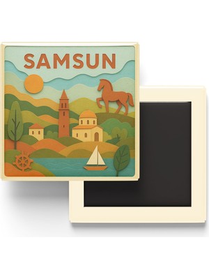 İberk Samsun - Memleket Temalı - Paper Cut Art - Baskılı Buzdolap Magneti Kare - 9x9 cm