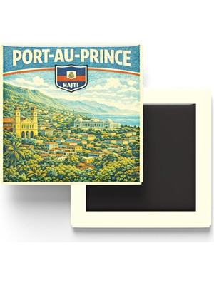 İberk Retro Haiti Port-Au-Prince Şehri Temalı Vintage Buzdolap Magneti – 9x9 cm