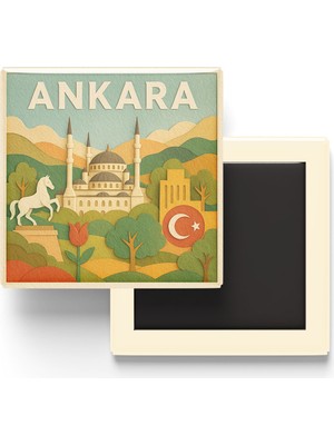 İberk Ankara - Memleket Temalı - Paper Cut Art - Baskılı Buzdolap Magneti Kare - 9x9 cm