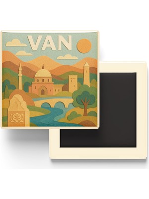 İberk Van - Memleket Temalı - Paper Cut Art - Baskılı Buzdolap Magneti Kare - 9x9 cm
