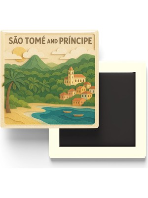 İberk Sao Tome ve Principe - Paper Cut Art - Baskılı Buzdolap Magneti Kare - 9x9 cm