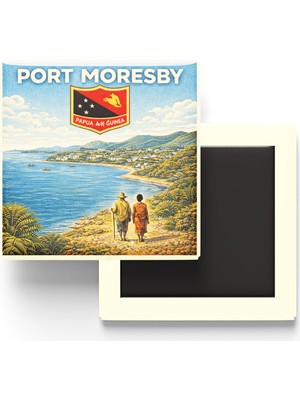İberk Retro Papua Yeni Gine Port Moresby Şehri Temalı Vintage Buzdolap Magneti – 9x9 cm