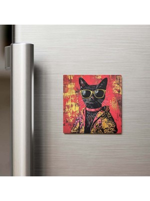 İberk Black Cat - Siyah Kedi - Güneş Gözlüklü Style - Buzdolap Magneti - 9x9 cm