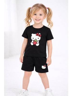 CC Collection Çilekli Kedi Baskılı Kız Çocuk Şortlu Takım Tişört Şort Alt Üst Set