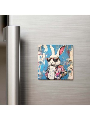 İberk White Rabbit - Beyaz Tavşan - Güneş Gözlüklü Style - Buzdolap Magneti - 9x9 cm