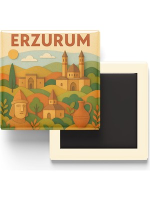 İberk Erzurum - Memleket Temalı - Paper Cut Art - Baskılı Buzdolap Magneti Kare - 9x9 cm