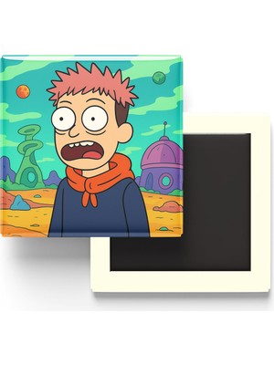 İberk Yuji Itadori - 9x9 cm Baskılı Kare Buzdolap Magneti (Rozetli)