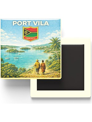 İberk Retro Vanuatu Port Vila Şehri Temalı Vintage Buzdolap Magneti – 9x9 cm