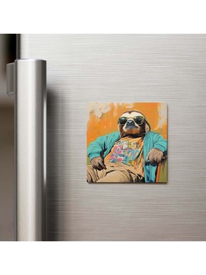 İberk Sloth - Tembel Hayvan - Güneş Gözlüklü Style - Buzdolap Magneti - 9x9 cm