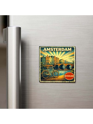 İberk Vintage Amsterdam Şehri Temalı Buzdolap Magneti – 9x9 cm