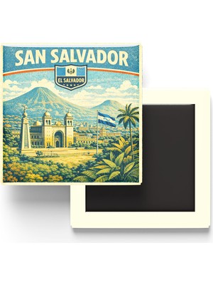 İberk Retro El Salvador San Salvador Şehri Temalı Vintage Buzdolap Magneti – 9x9 cm