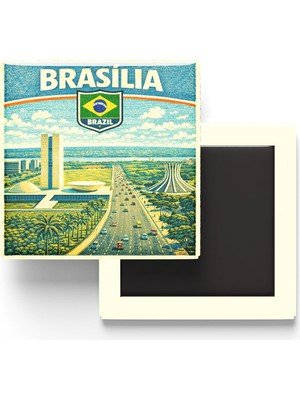 İberk Retro Brezilya Brasilia Şehri Temalı Vintage Buzdolap Magneti – 9x9 cm