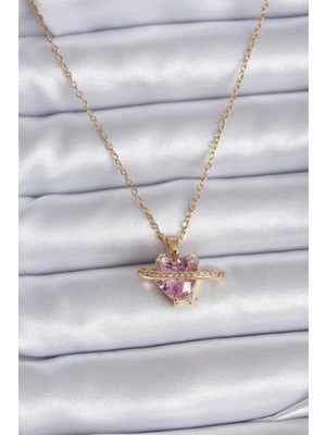 SÜS Mey Ithalat® 316L Çelik Gold Renk Zincir Pembe Kristal Kalp Model Zirkon Taş Detay Kadın Kolye