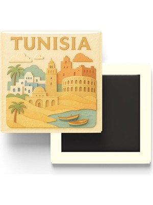 İberk Tunus - Tunisia - Paper Cut Art - Baskılı Buzdolap Magneti Kare - 9x9 cm