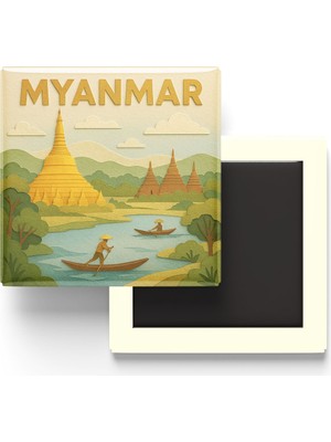 İberk Myanmar - Myanmar - Paper Cut Art - Baskılı Buzdolap Magneti Kare - 9x9 cm
