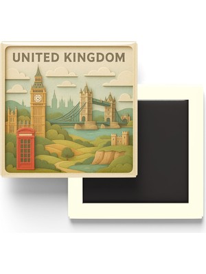 İberk Birleşik Krallık - United Kingdom - Paper Cut Art - Baskılı Buzdolap Magneti Kare - 9x9 cm