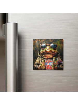 İberk Toad - Kara Kurbağası - Güneş Gözlüklü Style - Buzdolap Magneti - 9x9 cm