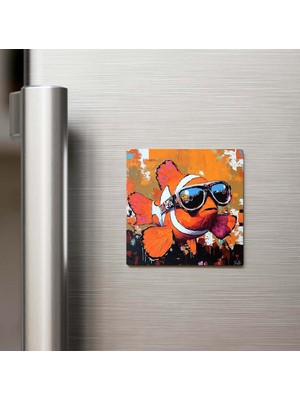 İberk Clownfish - Palyaço Balığı - Güneş Gözlüklü Style - Buzdolap Magneti - 9x9 cm