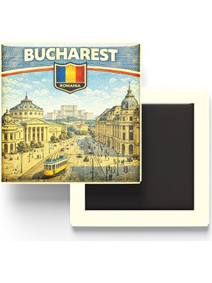 İberk Retro Romanya Bükreş Şehri Temalı Vintage Buzdolap Magneti – 9x9 cm