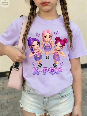 CC Collection Kız Çocuk K-Pop Baskılı Tişört Siyah Pamuklu 3-12 Yaş Trend Tshirt
