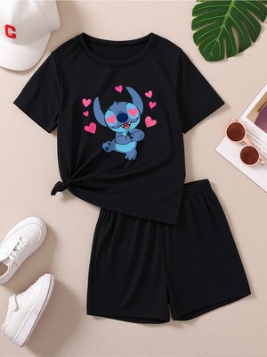 CC Collection Kız Çocuk Sevimli Karakter Baskılı Siyah Şort Takım Yazlık Rahat Günlük Kombin
