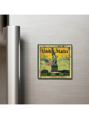 İberk Amerika Birleşik Devletleri - Posta Pulu Temalı Ülke - Baskılı Buzdolap Magneti Kare - 9x9 cm