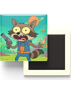 İberk Rocket Raccoon - 9x9 cm Baskılı Kare Buzdolap Magneti (Rozetli)