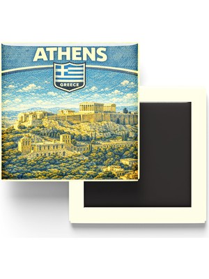 İberk Retro Yunanistan Atina Şehri Temalı Vintage Buzdolap Magneti – 9x9 cm