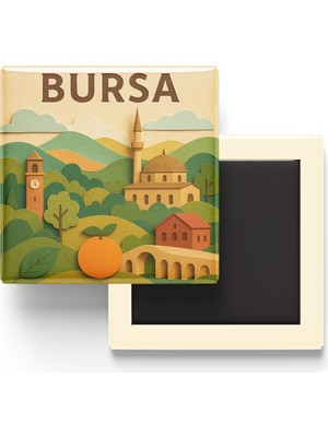 İberk Bursa - Memleket Temalı - Paper Cut Art - Baskılı Buzdolap Magneti Kare - 9x9 cm