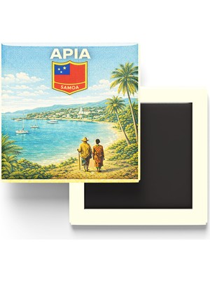 İberk Retro Samoa Apia Şehri Temalı Vintage Buzdolap Magneti – 9x9 cm