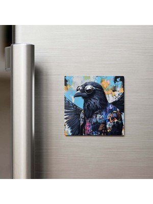 İberk Crow - Karga - Güneş Gözlüklü Style - Buzdolap Magneti - 9x9 cm