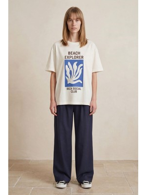 Quzu 26YTSH01943 Kadın Baskı Nakış Detaylı T-Shirt