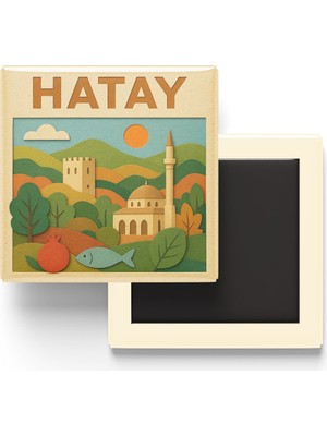 İberk Hatay - Memleket Temalı - Paper Cut Art - Baskılı Buzdolap Magneti Kare - 9x9 cm